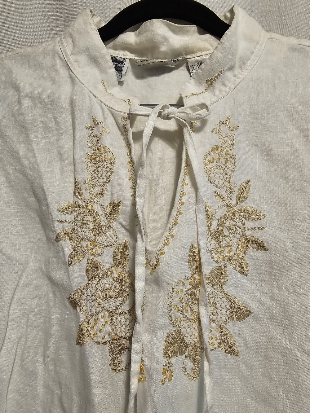 Irish Linen Embroidered Tie-Neck Women’s Top